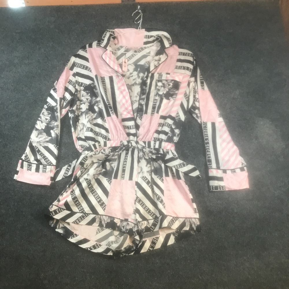 Victoria’s Secret Robe Romper Womens M Pink Black Striped Floral Button Front